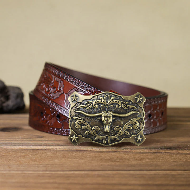 Cintura in pelle con fibbia a testa di toro quadrata fai da te da uomo in stile western