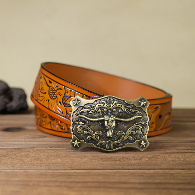 Cintura in pelle con fibbia a testa di toro quadrata fai da te da uomo in stile western