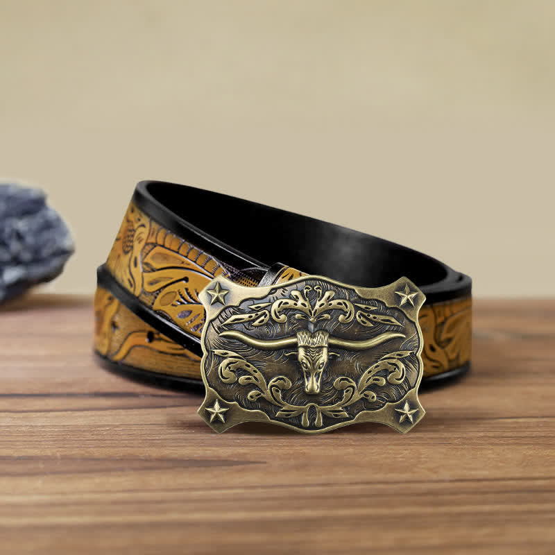 Cintura in pelle con fibbia a testa di toro quadrata fai da te da uomo in stile western
