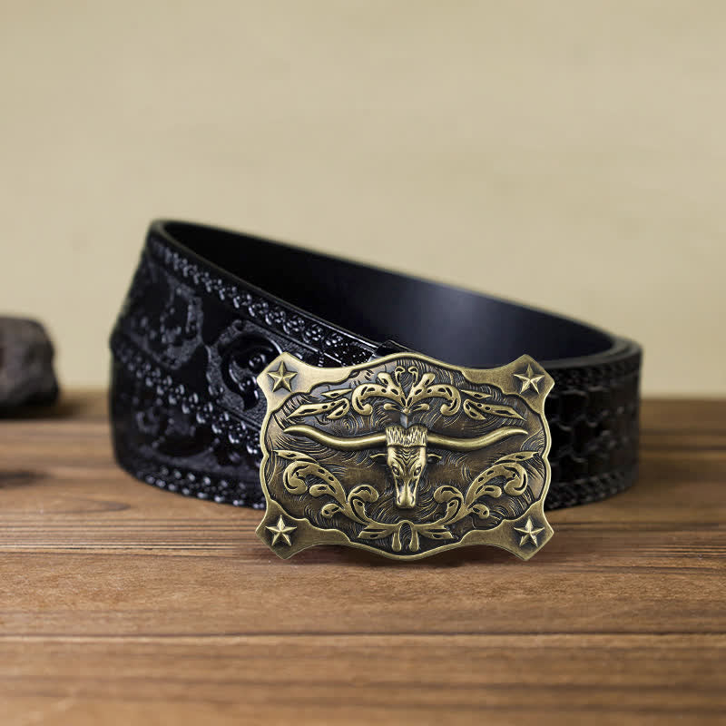Cintura in pelle con fibbia a testa di toro quadrata fai da te da uomo in stile western - Testa di toro - Cintura nera intagliata (40) - image 11
