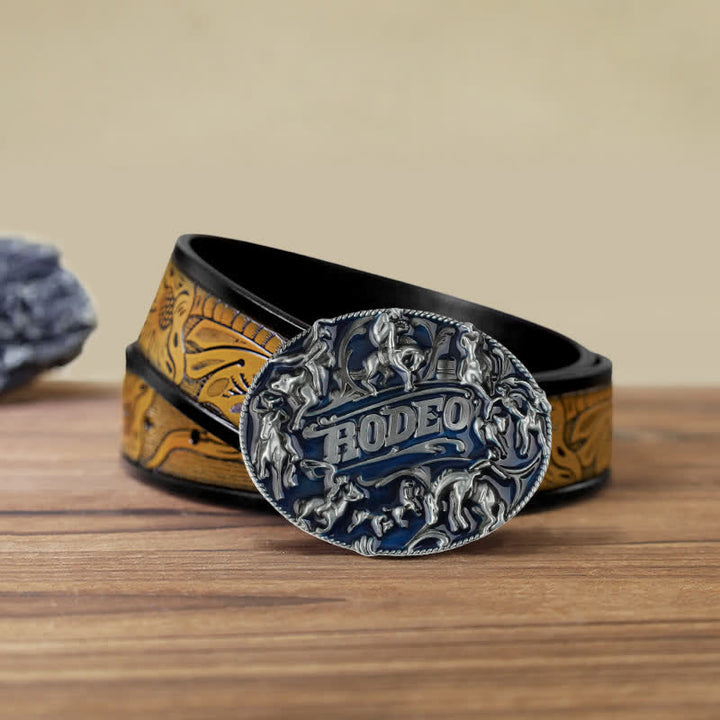 Cintura in pelle con fibbia a forma di toro da rodeo in smalto blu fai da te da uomo