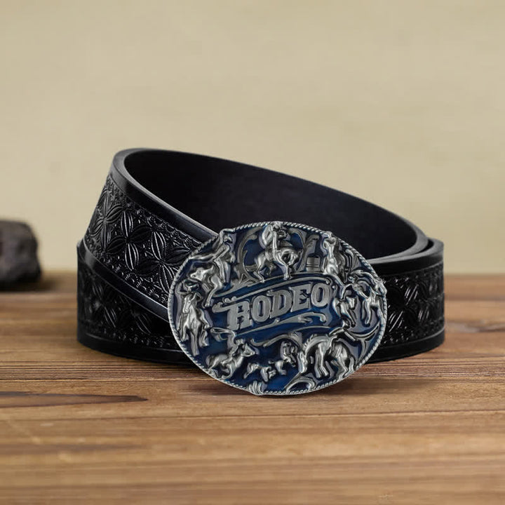 Cintura in pelle con fibbia a forma di toro da rodeo in smalto blu fai da te da uomo - Rodeo - Cintura in tessuto goffrato nero (40) - image 9
