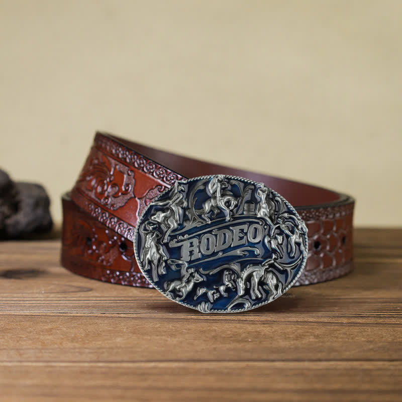 Cintura in pelle con fibbia a forma di toro da rodeo in smalto blu fai da te da uomo