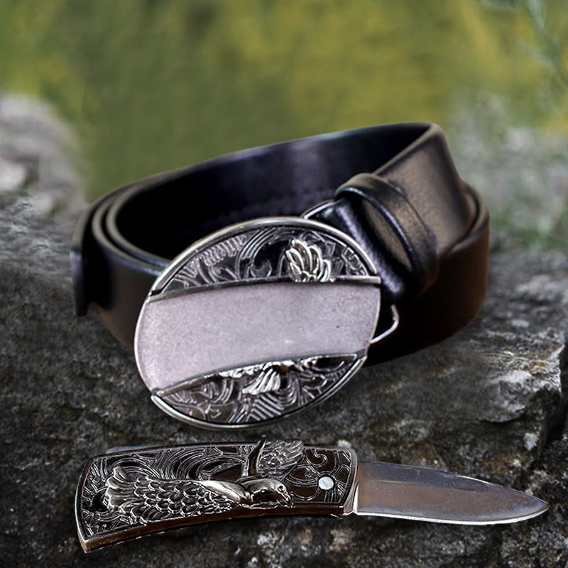 Cintura in pelle Soaring Eagle da uomo con coltello pieghevole