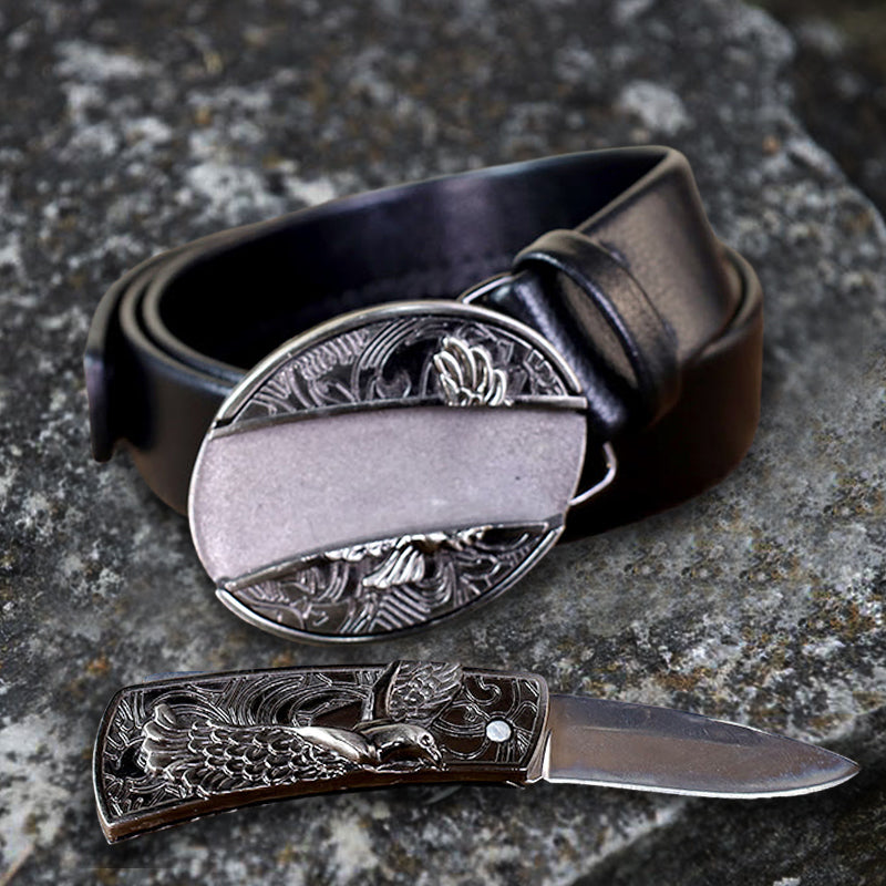 Cintura in pelle Soaring Eagle da uomo con coltello pieghevole