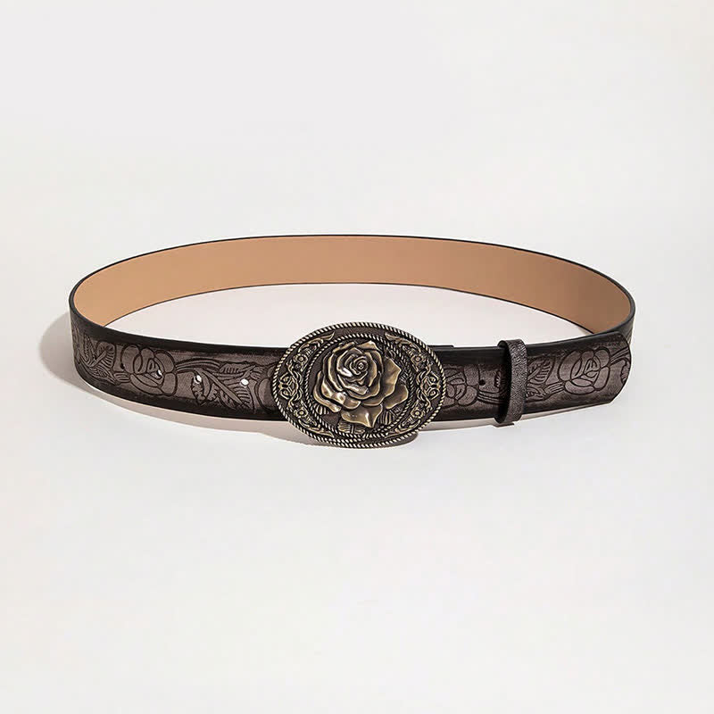 Cintura in pelle stampata con fibbia a forma di rosa in stile occidentale