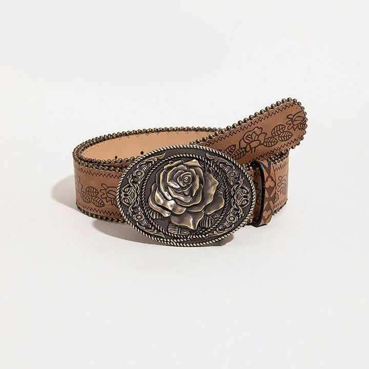 Cintura in pelle stampata con fibbia a forma di rosa in stile occidentale