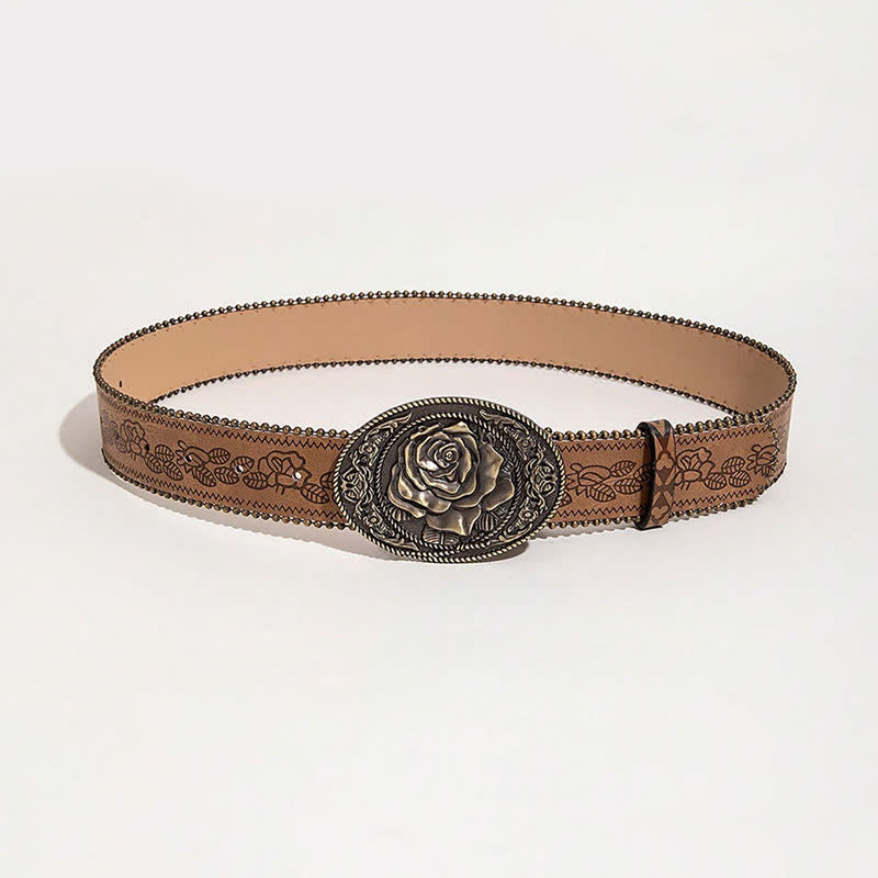 Cintura in pelle stampata con fibbia a forma di rosa in stile occidentale