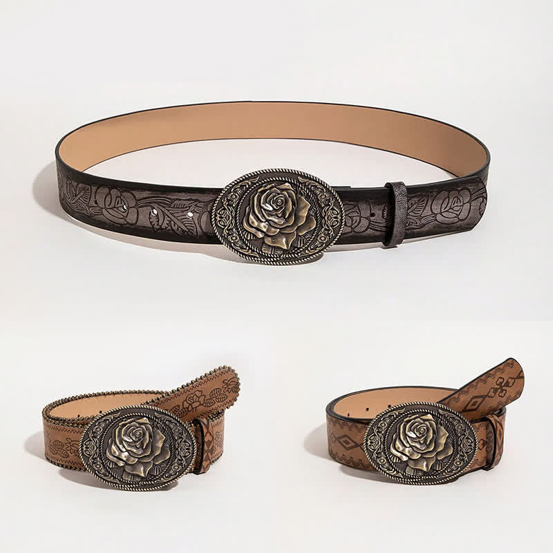 Cintura in pelle stampata con fibbia a forma di rosa in stile occidentale - image 1