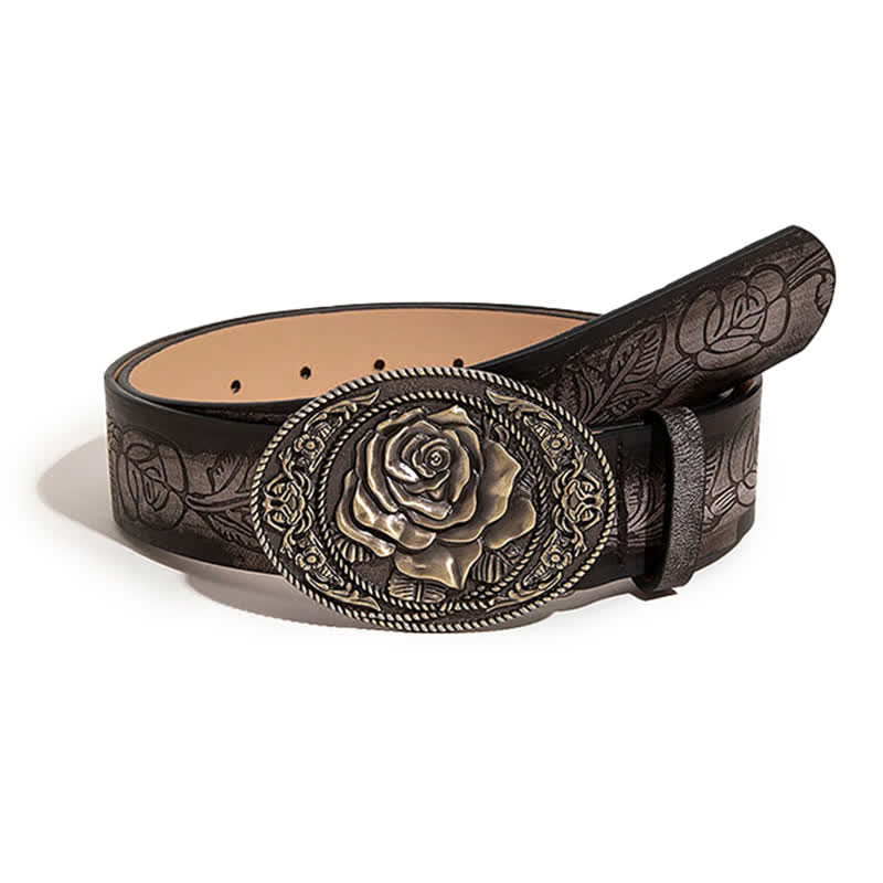 Cintura in pelle stampata con fibbia a forma di rosa in stile occidentale - RosyMarrone - 46" - image 0