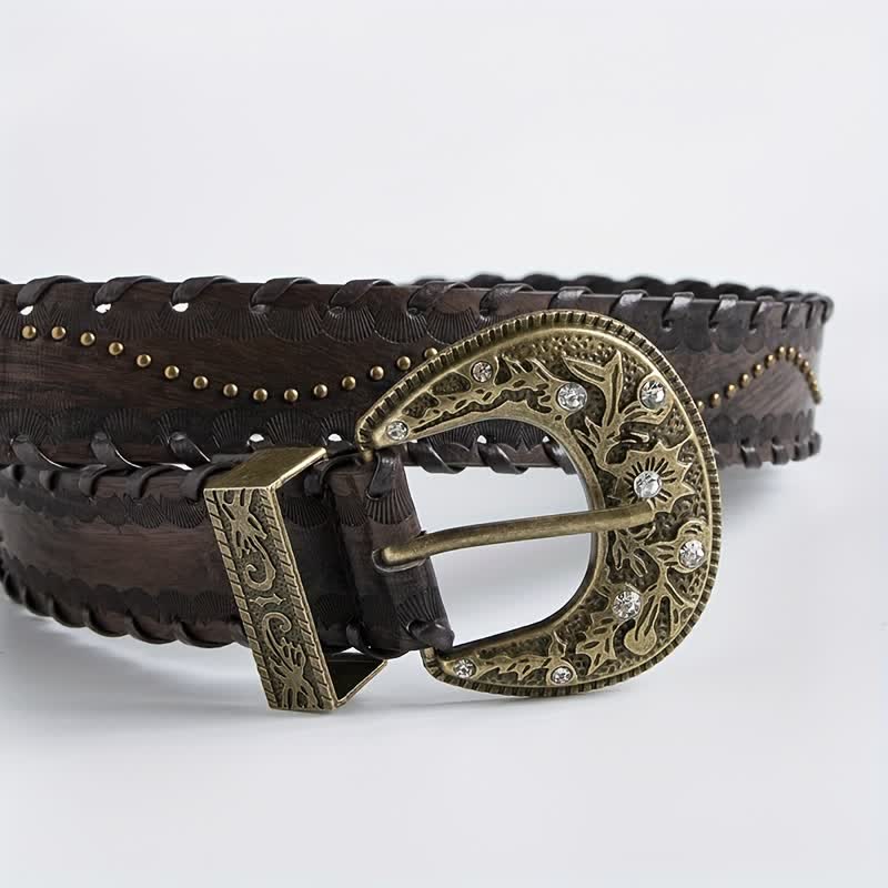 Cintura in pelle goffrata con rivetti in strass retrò da donna