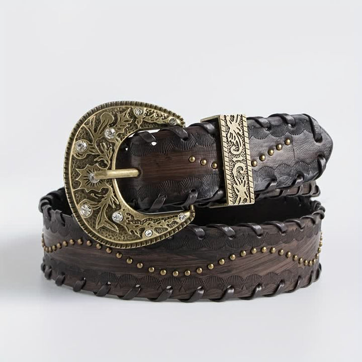 Cintura in pelle goffrata con rivetti in strass retrò da donna