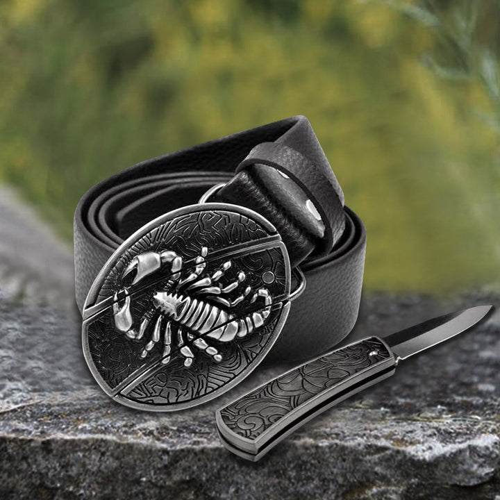 Cintura in pelle Scorpion da uomo con coltello pieghevole