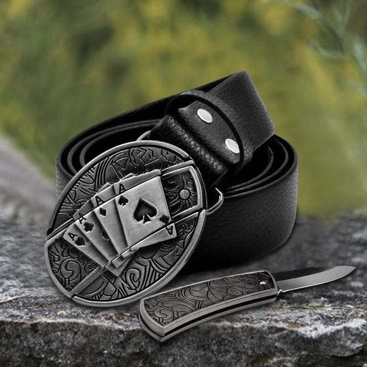 Cintura in pelle da uomo Poker 4 Ace con coltello pieghevole