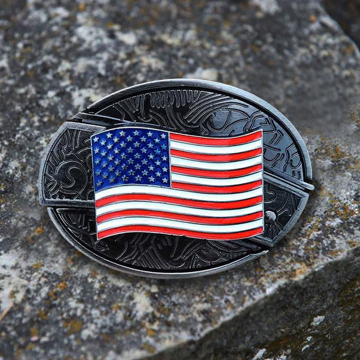 Cintura in pelle con coltello pieghevole nascosto con bandiera americana fai da te da uomo