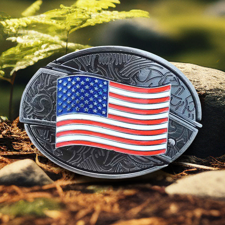 Cintura in pelle con coltello pieghevole nascosto con bandiera americana fai da te da uomo