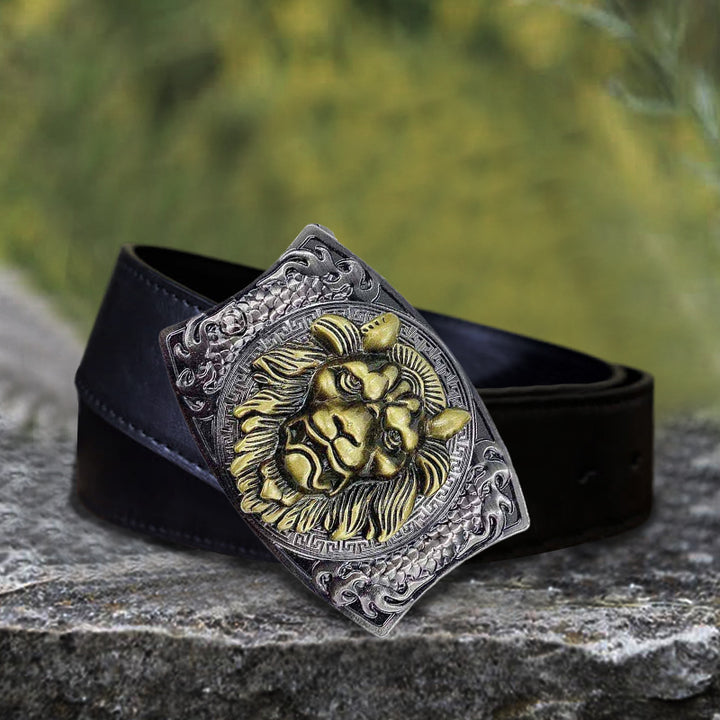 Cintura in pelle con coltello pieghevole nascosto con leone d'oro fai da te da uomo