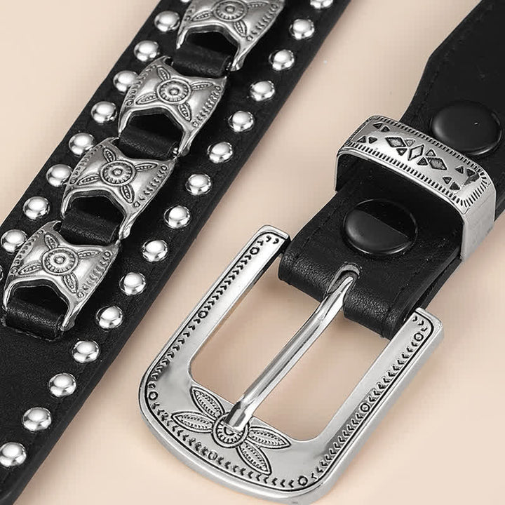 Cintura in pelle con fibbia intagliata con rivetto Concho occidentale