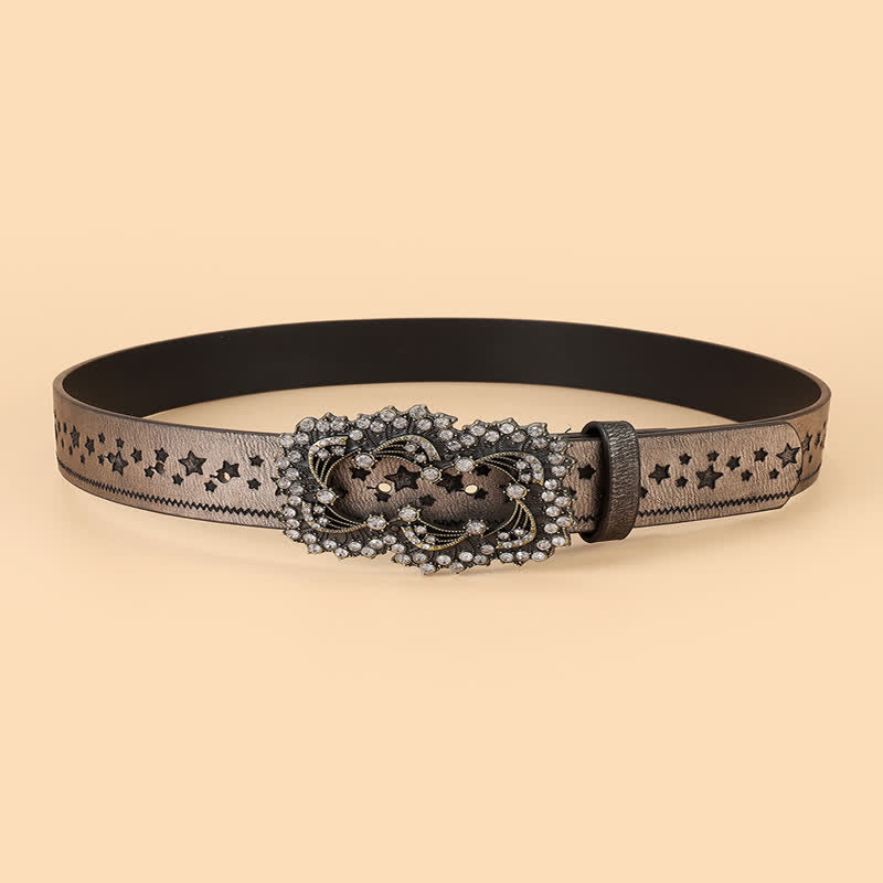 Cintura in pelle con goffratura a pentagramma con strass da donna