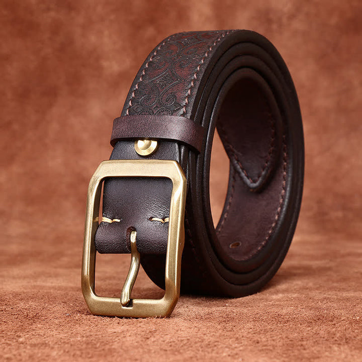 Cintura in pelle con fibbia in ottone di lusso con cinturino intagliato da uomo