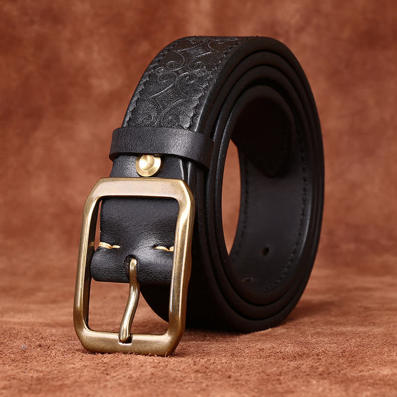 Cintura in pelle con fibbia in ottone di lusso con cinturino intagliato da uomo