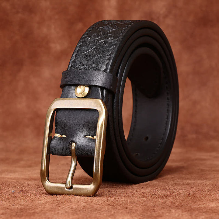 Cintura in pelle con fibbia in ottone di lusso con cinturino intagliato da uomo