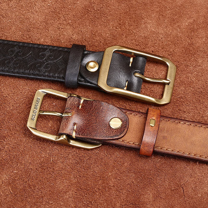 Cintura in pelle con fibbia in ottone di lusso con cinturino intagliato da uomo