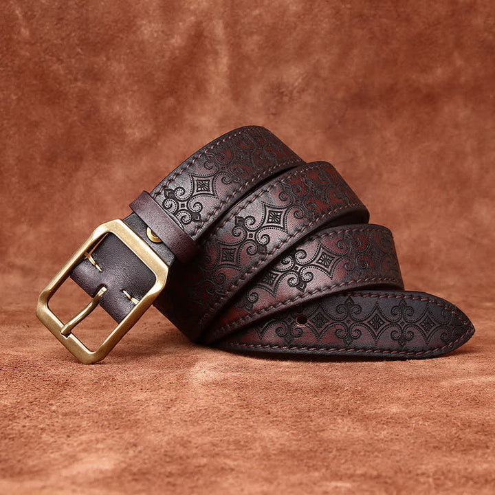 Cintura in pelle con fibbia in ottone di lusso con cinturino intagliato da uomo
