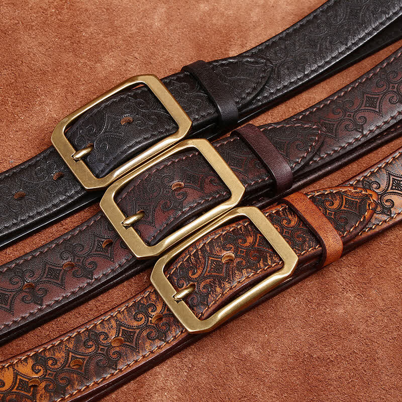 Cintura in pelle con fibbia in ottone di lusso con cinturino intagliato da uomo