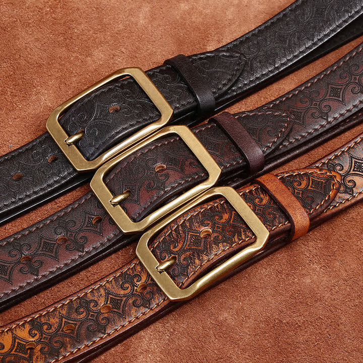 Cintura in pelle con fibbia in ottone di lusso con cinturino intagliato da uomo