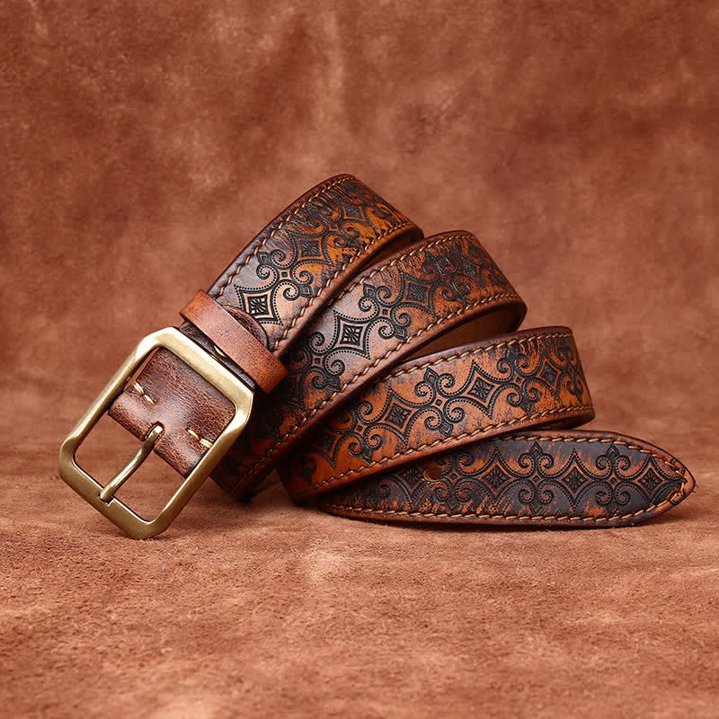 Cintura in pelle con fibbia in ottone di lusso con cinturino intagliato da uomo