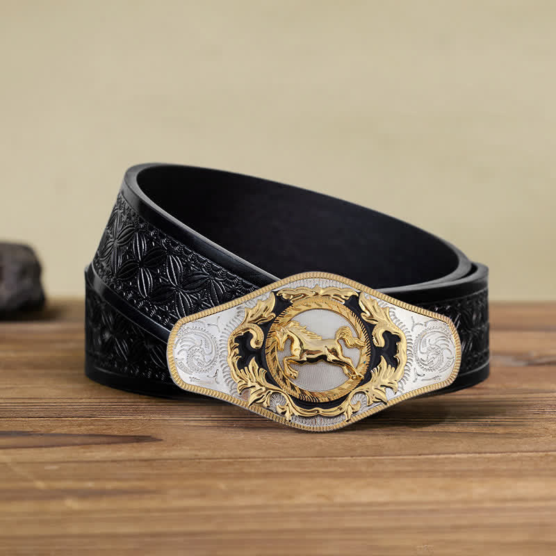 Cintura in pelle con fibbia dorata da uomo fai da te Western - Cavallo in corsa - Cintura in tessuto goffrato nero (110 cm/44 pollici) - image 15