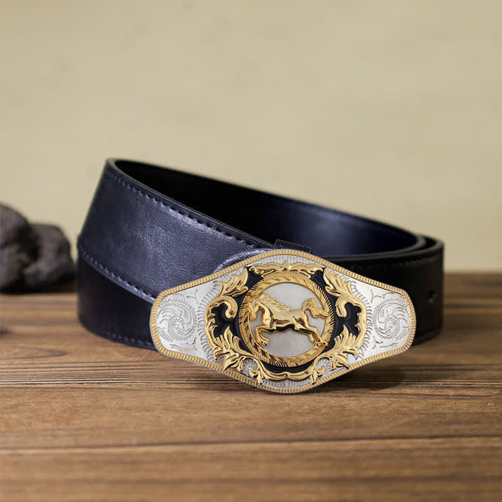 Cintura in pelle con fibbia dorata da uomo fai da te Western - Cavallo in corsa - Cintura in PU nera (115 cm/46 pollici) - image 13