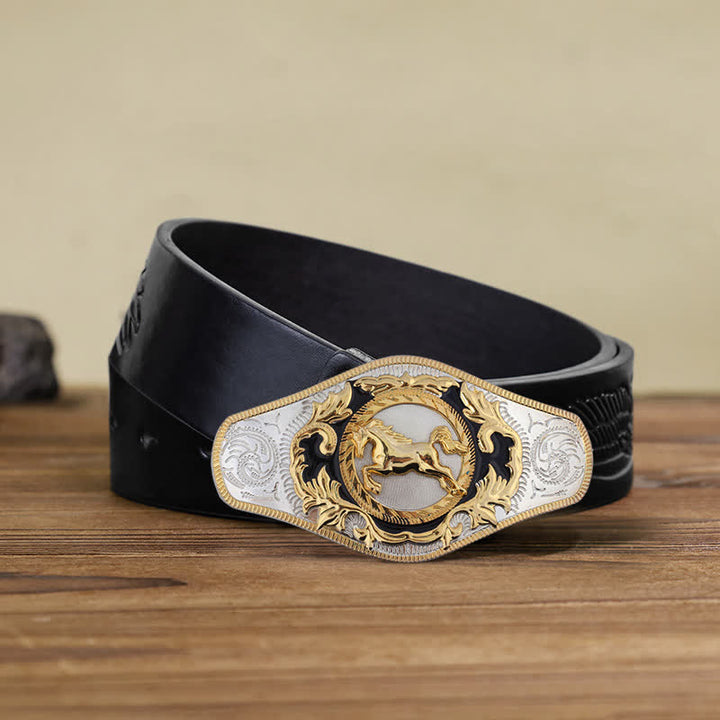 Cintura in pelle con fibbia dorata da uomo fai da te Western - Cavallo in corsa - Cintura aquila nera in rilievo (110 cm/44 pollici) - image 14