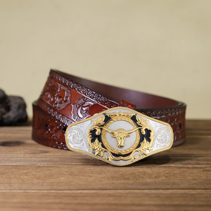 Cintura in pelle con fibbia dorata da uomo fai da te Western - Testa di toro - Cintura marrone intagliata (115 cm/46 pollici) - image 25