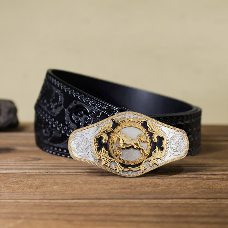 Cintura in pelle con fibbia dorata da uomo fai da te Western - Cavallo in corsa - Cintura nera intagliata (115 cm/46 pollici) - image 15