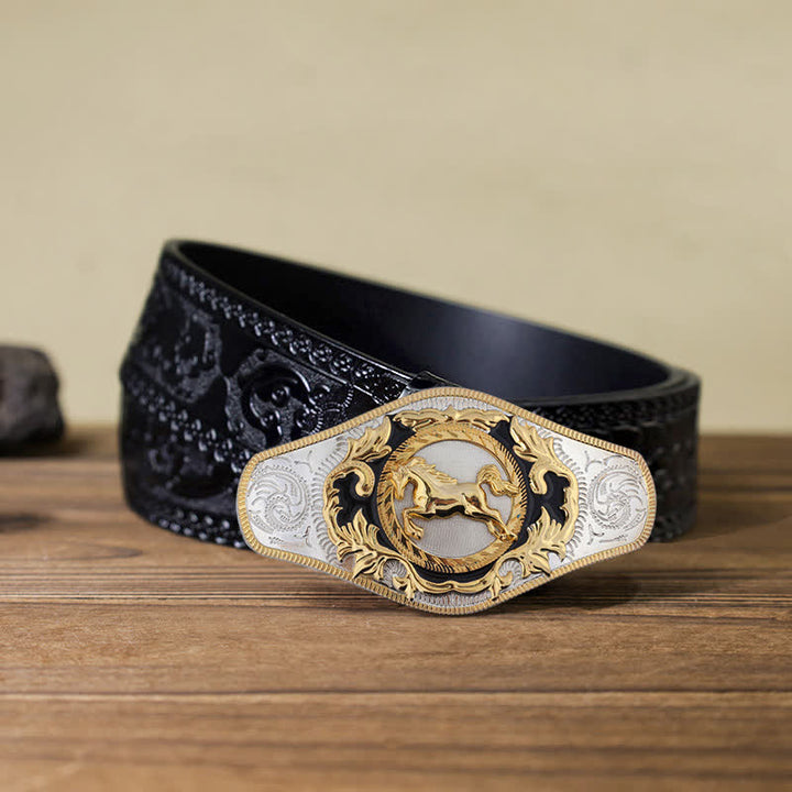 Cintura in pelle con fibbia dorata da uomo fai da te Western - Cavallo in corsa - Cintura nera intagliata (115 cm/46 pollici) - image 15