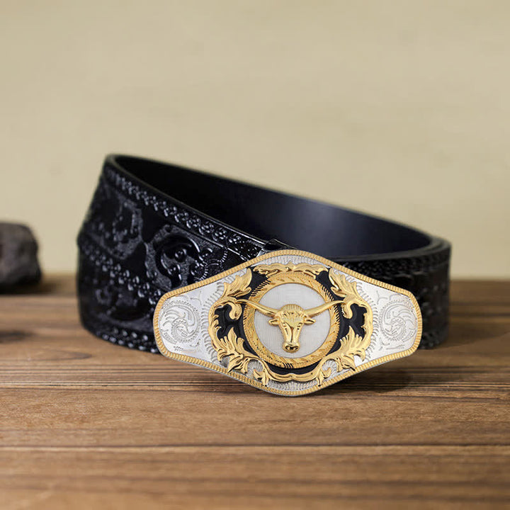 Cintura in pelle con fibbia dorata da uomo fai da te Western - Testa di toro - Cintura nera intagliata (115 cm/46 pollici) - image 23
