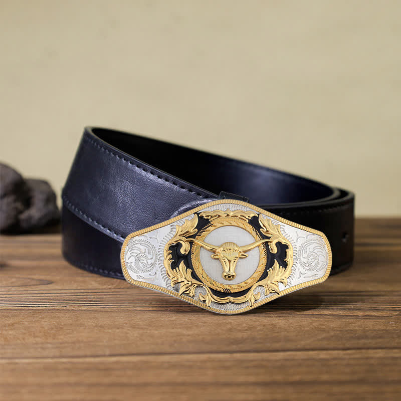 Cintura in pelle con fibbia dorata da uomo fai da te Western - Testa di toro - Cintura in PU nera (115 cm/46 pollici) - image 21