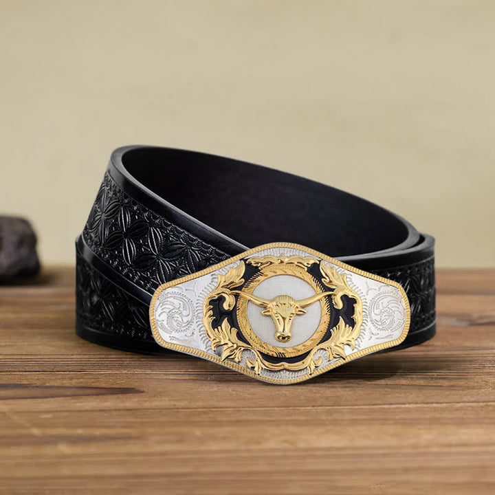Cintura in pelle con fibbia dorata da uomo fai da te Western - Testa di toro - Cintura in tessuto goffrato nero (110 cm/44 pollici) - image 23