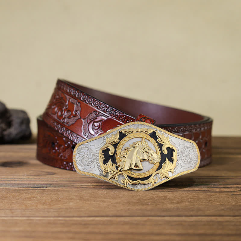 Cintura in pelle con fibbia dorata da uomo fai da te Western - Testa di cavallo - Cintura marrone intagliata (40) - image 9