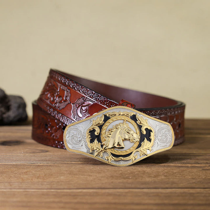 Cintura in pelle con fibbia dorata da uomo fai da te Western - Testa di cavallo - Cintura marrone intagliata (40) - image 9