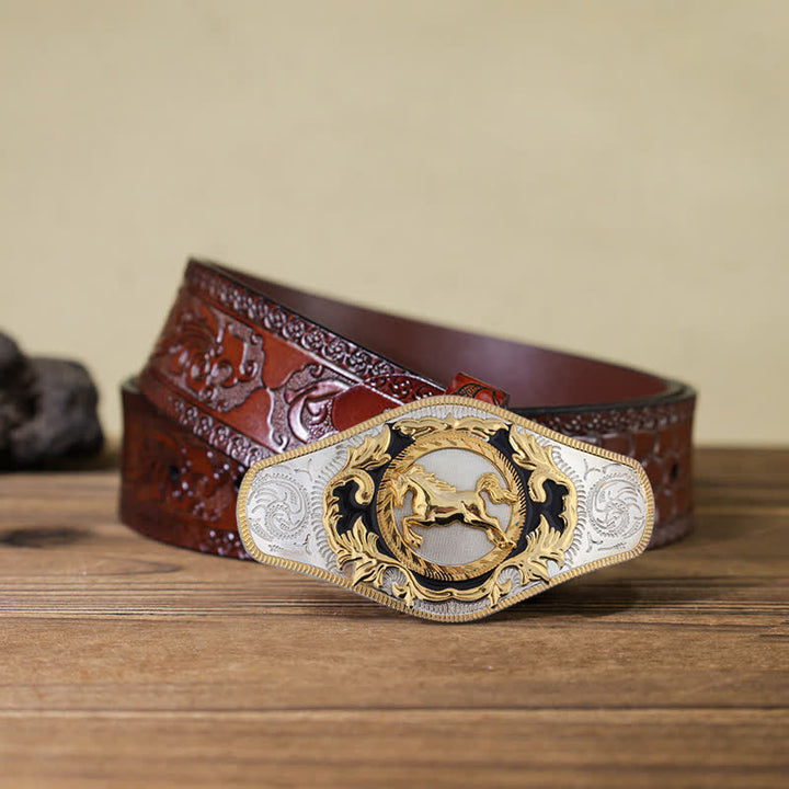Cintura in pelle con fibbia dorata da uomo fai da te Western - Cavallo in corsa - Cintura marrone intagliata (115 cm/46 pollici) - image 17