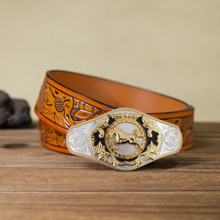Cintura in pelle con fibbia dorata da uomo fai da te Western - Cavallo in corsa - Cintura intagliata arancione (115 cm/46 pollici) - image 18