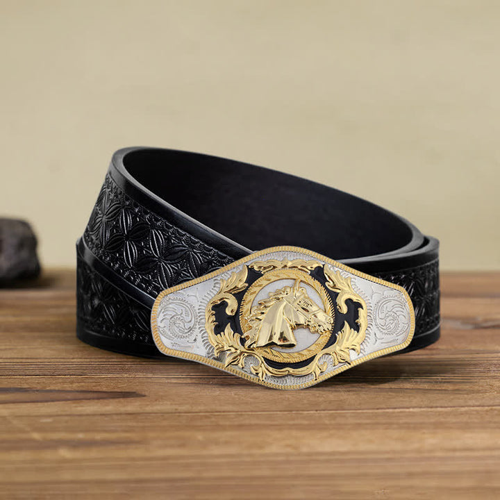 Cintura in pelle con fibbia dorata da uomo fai da te Western - Testa di cavallo - Cintura in tessuto goffrato nero (40) - image 6
