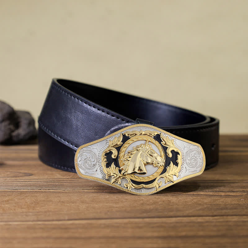 Cintura in pelle con fibbia dorata da uomo fai da te Western - Testa di cavallo - Cintura PU nera (40) - image 4