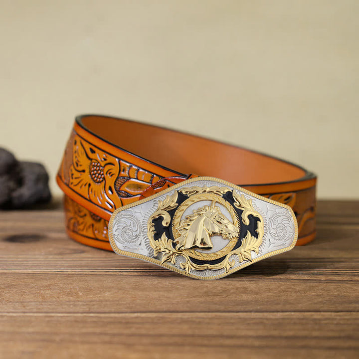 Cintura in pelle con fibbia dorata da uomo fai da te Western - Testa di cavallo - Cintura intagliata arancione (40) - image 11