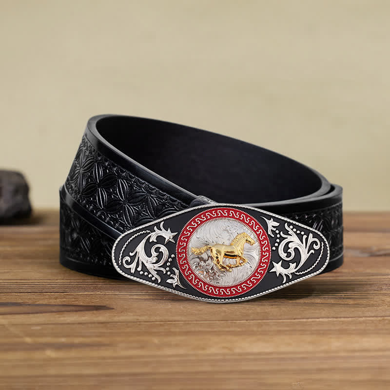 Cintura in pelle con fibbia in oro nero da uomo fai da te Western - Cavallo in corsa - Cintura in tessuto goffrato nero (40) - image 8