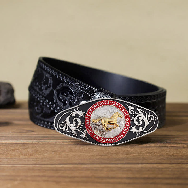 Cintura in pelle con fibbia in oro nero da uomo fai da te Western - Cavallo in corsa - Cintura nera intagliata (40) - image 9