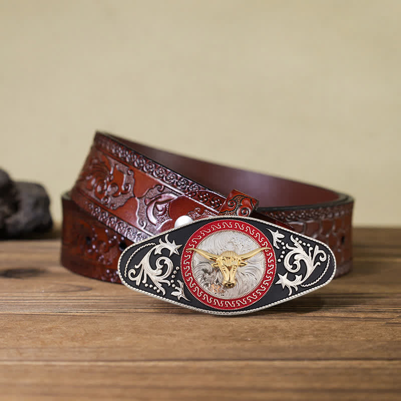 Cintura in pelle con fibbia in oro nero da uomo fai da te Western - Testa di toro - Cintura marrone intagliata (40) - image 28